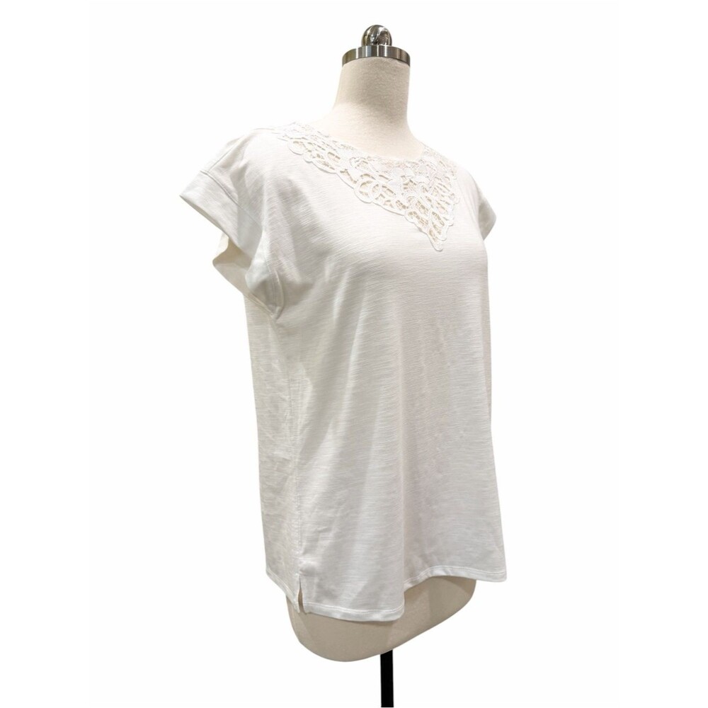 Jones New York Lace Inset Top Dolman Sleeve Stretch Knit White Pullover S NEW - Picture 4 of 13